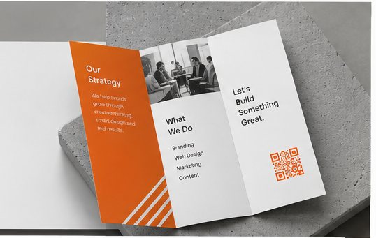 QR code printed on a trifold brochure
