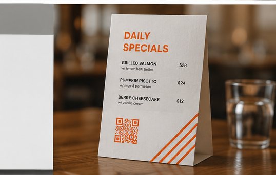 QR code printed on a table tent menu